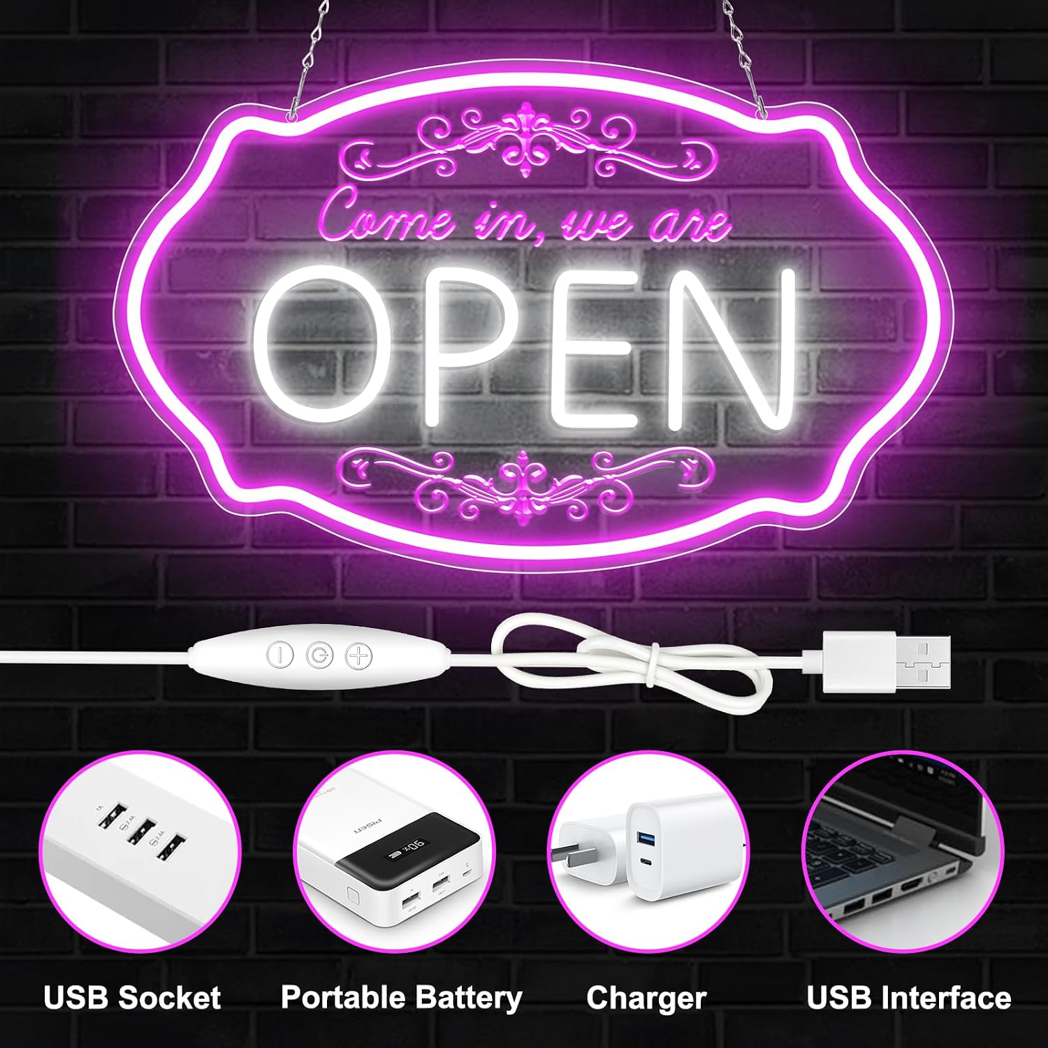 Come in We’re Open Silicone LED shop signs – Pink + White Glow | 16.5 × 10 inch | Window Hanging Business Sign | Plug & Play for Store Entrances, Retail Shops & Business Locations