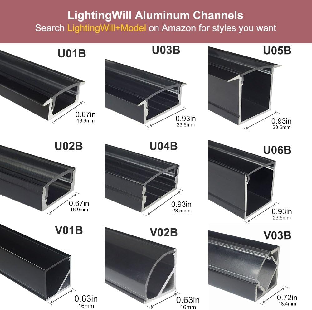 LightingWill LED Aluminum Channel with Clear Cover, LightingWill 10 Pack 3.3Ft/1M U Shape Flush Mount (Section Size:0.95" x 1.42") Anodized Black Channel System for <20mm LED Strip Lights with Caps+Clips U05