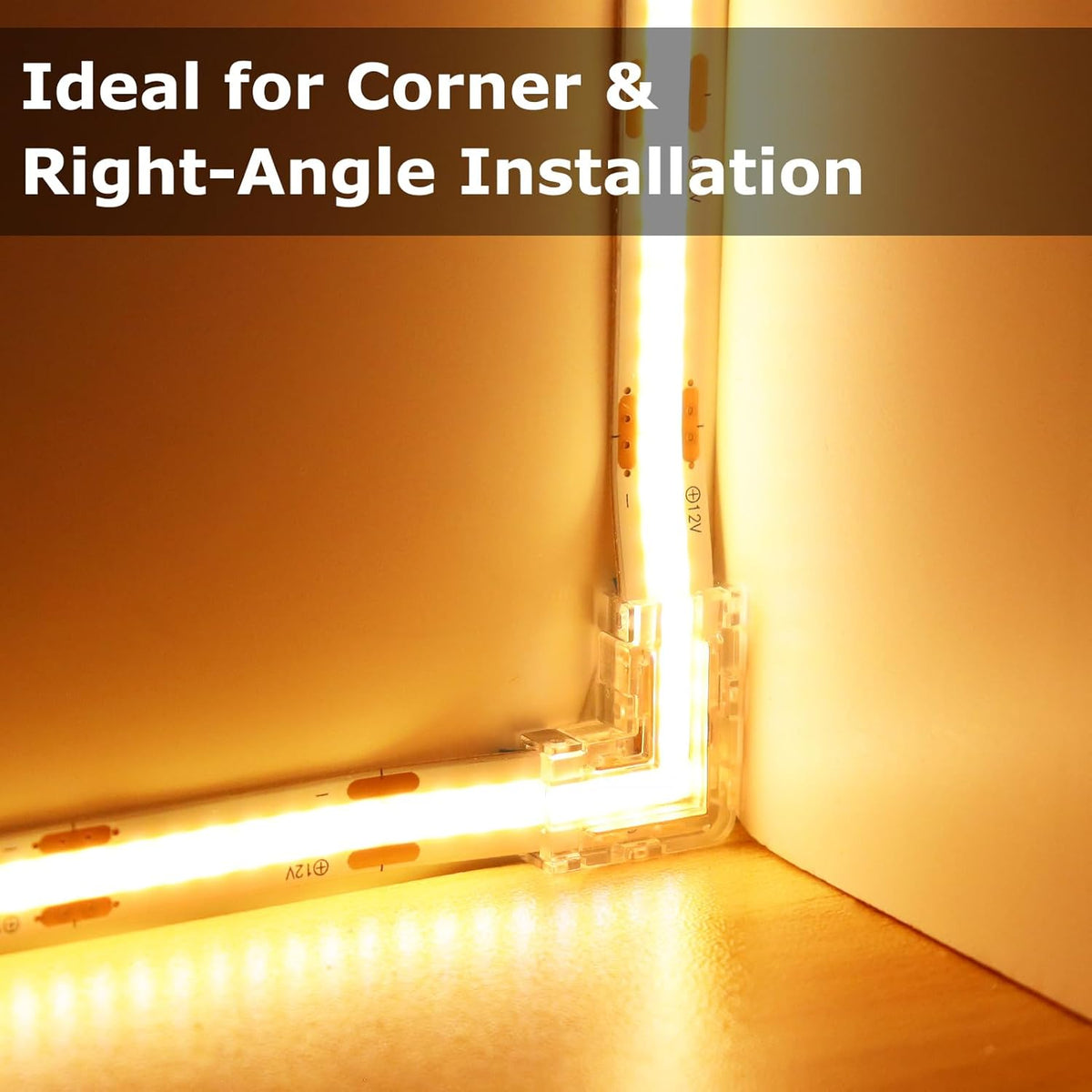LightingWill LED Connectors 2Pin 8mm, 10 PCS L Shape Connector Transparent Solderless, Right Angle Corner Tape Light Connector, No Dark Area for COB/SMD 2835 3528 Single Color LED Strips