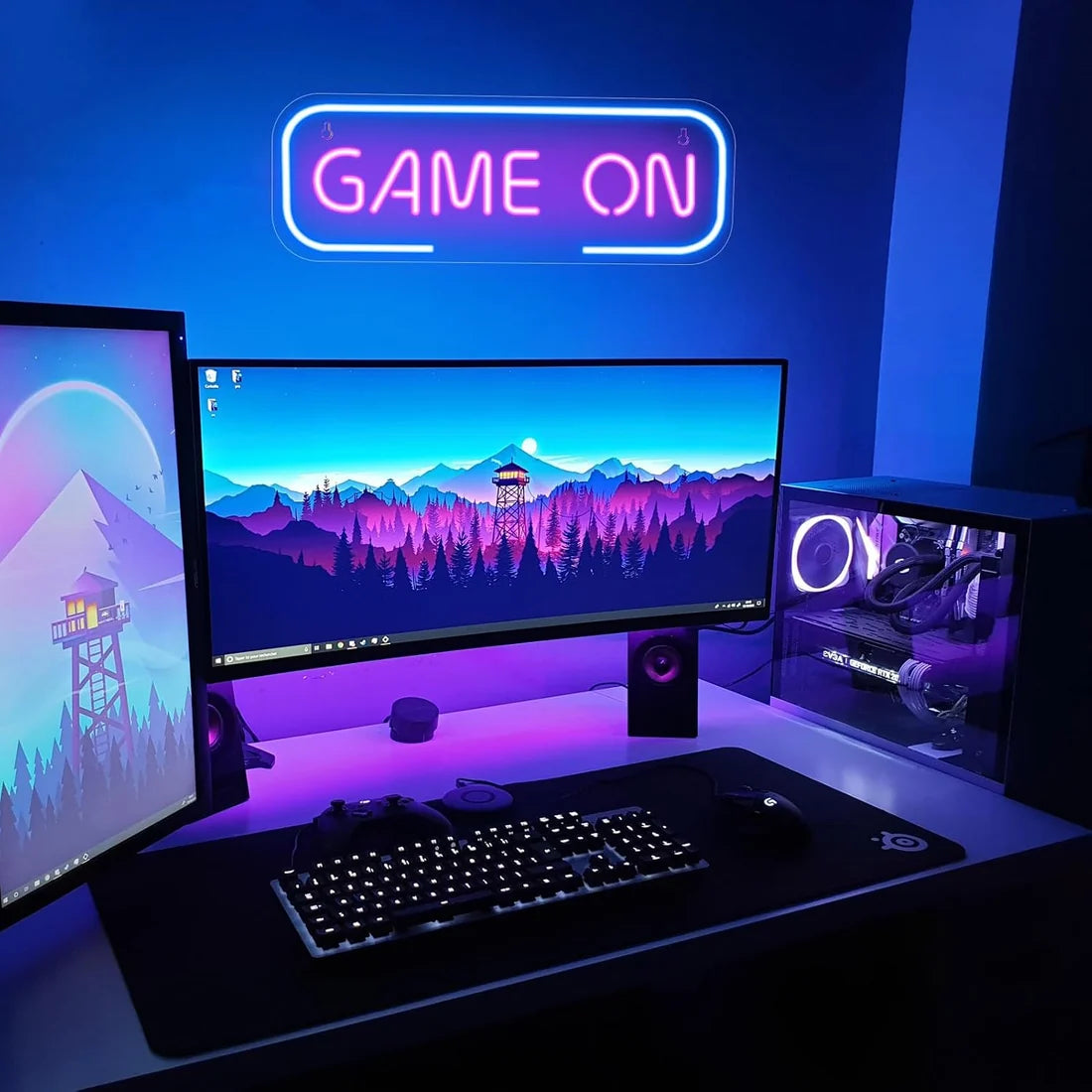 LED Neon Signs – GAME ON Silicone Neon Sign – 15.7×5.6 Inch | 5V USB Powered Dimmable Blue & Pink Glow LED Wall Light | Neon Lamp with Accessories Included | Hanging Gaming Decor for Gaming Room, Bedroom, Setup & Party Spaces