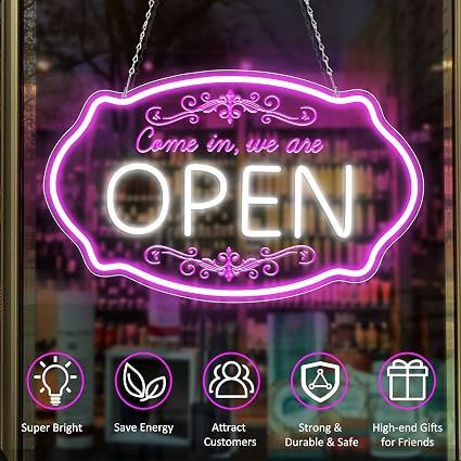 Come in We’re Open Silicone LED shop signs – Pink + White Glow | 16.5 × 10 inch | Window Hanging Business Sign | Plug & Play for Store Entrances, Retail Shops & Business Locations
