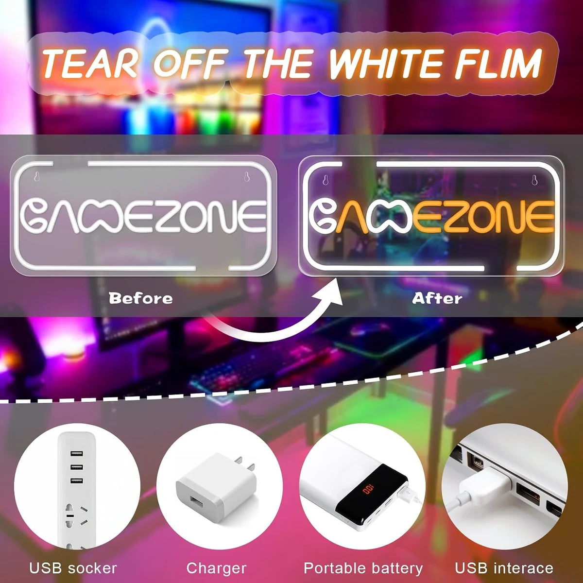 LED Neon Signs – GAME ZONE Silicone Neon Sign – 16.2×7.1 Inch | 5V USB Powered White & Orange Glow LED Wall Light | Neon Lamp with Accessories Included | Hanging Gaming Decor for Gaming Room, Bedroom, Setup & Party Spaces