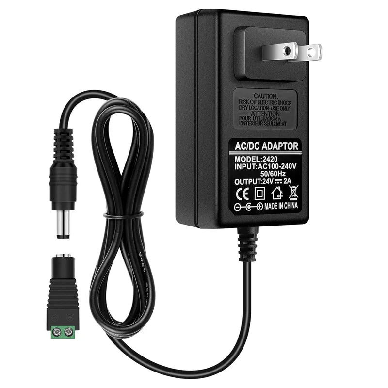 Power Supply Adapter DC 24V 48W–72W, AC 100–240V Switching Transformer LED Driver Wall Plug Charger with US Plug, Black Case for LED Strip Lights and Electronics
