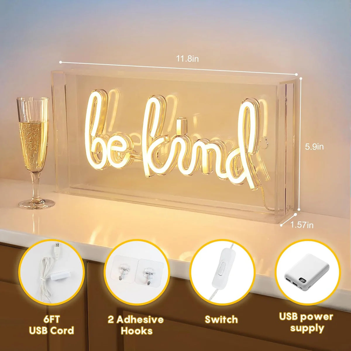 BE KIND Desk Lightbox Sign – Warm White/ Pink | Rectangular 12x6 inch | USB Powered | Tabletop Display | For Girls' Room, Bedroom, Pub, Hotel, Beach, Cock