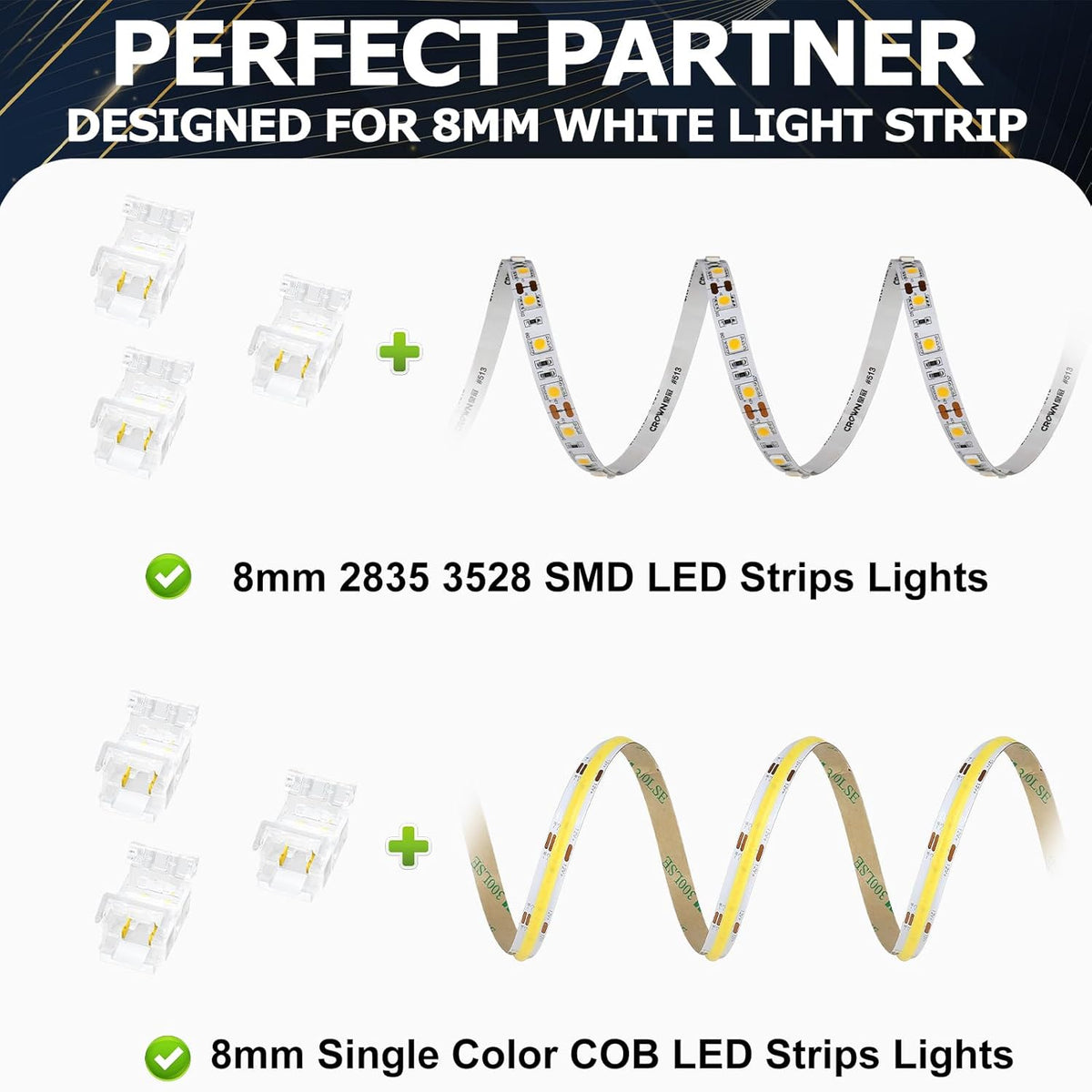LightingWill LED Connectors 2Pin 8mm, 10 PCS Strip to Wire Connector Transparent Solderless, LED Tape Light Connector 2 Conductor No Dark Area for COB/SMD 2835 3528 Single Color LED Strips