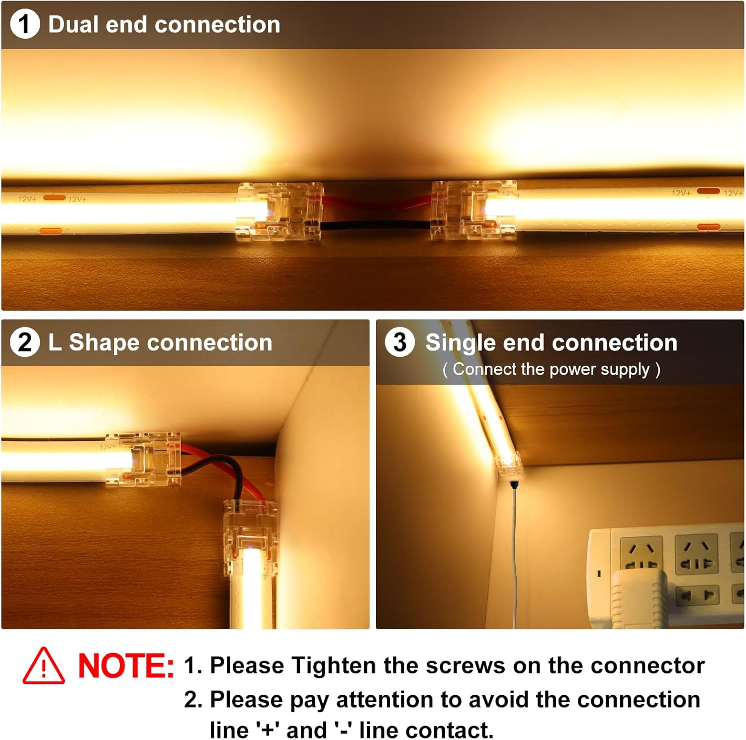LightingWill LED Connectors 2Pin 8mm, 10 PCS Strip to Wire Connector Transparent Solderless, LED Tape Light Connector 2 Conductor No Dark Area for COB/SMD 2835 3528 Single Color LED Strips