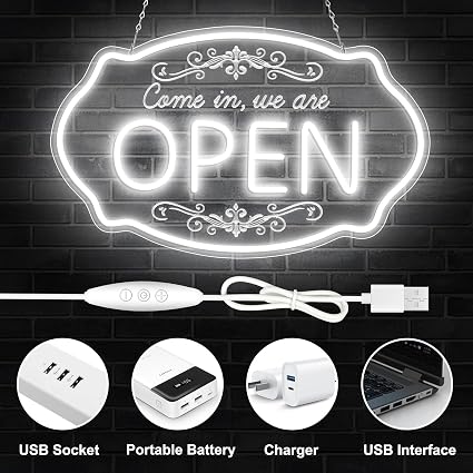 WE ARE OPEN COME IN LED Silicone LED shop signs – 23.5×14 Inch & 16.5×10 Inch | 5V USB Powered Dimmable Light with Engraved Back Design for Cafes, Restaurants & Retail Shops