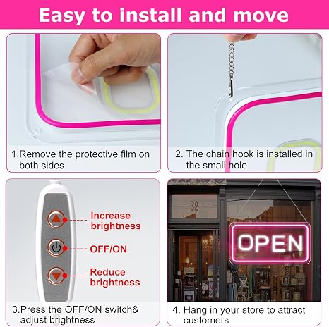 OPEN COB LED shop signs – Pink + White Glow | 22.8 × 11.8 inch (58 × 30 cm) | Horizontal / Vertical Style | 12V Powered Dimmable Window Hanging Light with US Plug for Cafes, Restaurants &amp; Retail Shops