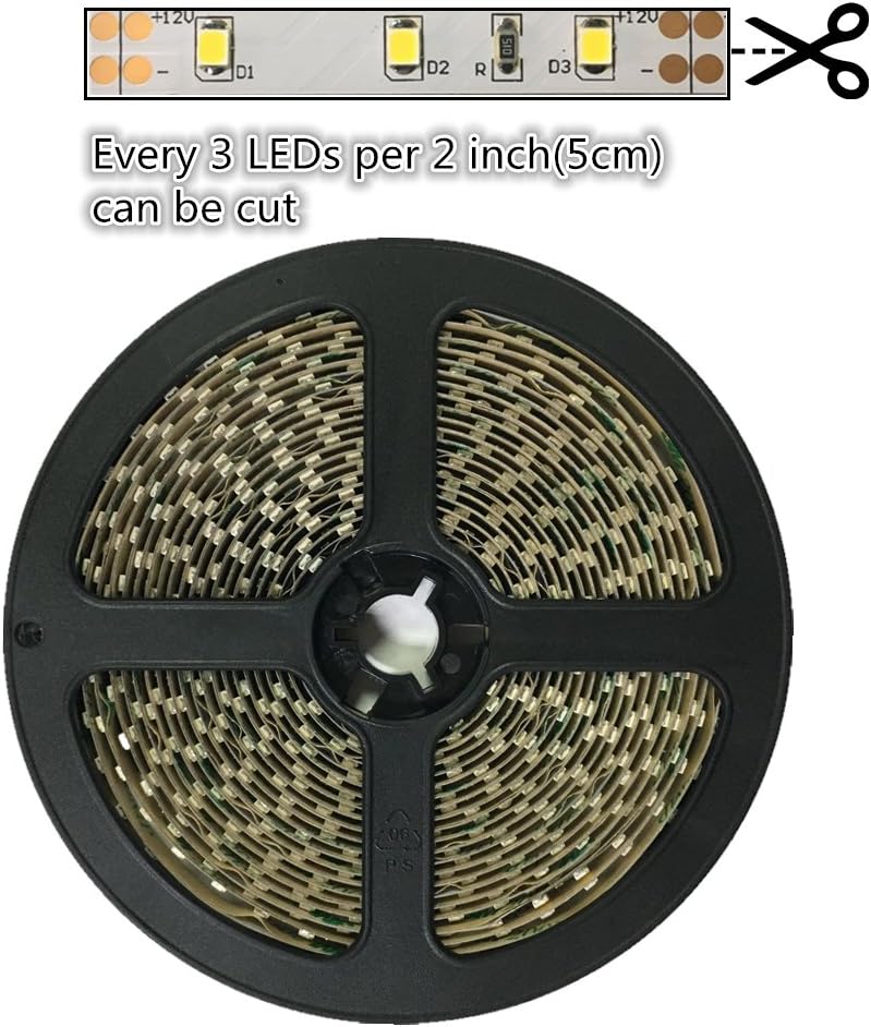LightingWill LED Strip Lights IP67 Waterproof CRI80 SMD2835 16.4Ft(5M) 300LEDs Pure White 5000K-6000K 60LEDs/M DC12V 60W 12W/M 8mm White PCB Flexible Ribbon Strip with Adhesive Tape M2835PW300W
