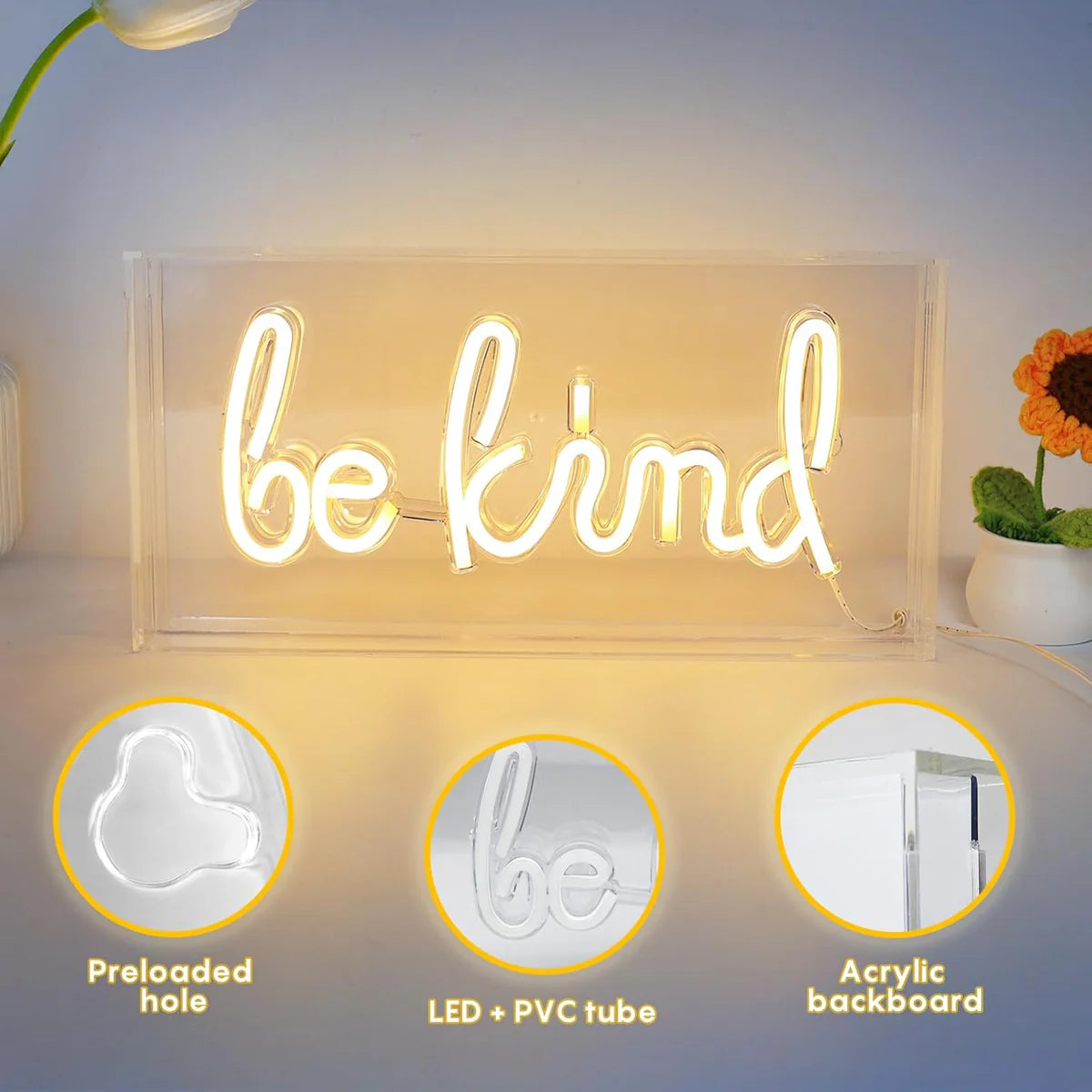 BE KIND Desk Lightbox Sign – Warm White/ Pink | Rectangular 12x6 inch | USB Powered | Tabletop Display | For Girls' Room, Bedroom, Pub, Hotel, Beach, Cock