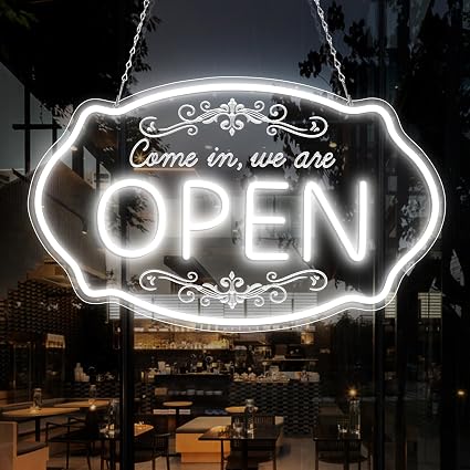 WE ARE OPEN COME IN LED Silicone LED shop signs – 23.5×14 Inch & 16.5×10 Inch | 5V USB Powered Dimmable Light with Engraved Back Design for Cafes, Restaurants & Retail Shops