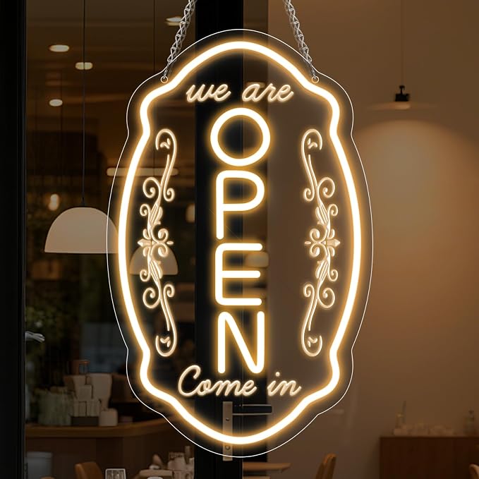 WE ARE OPEN COME IN LED Silicone LED shop signs – 16.5×10 Inch (42×25 cm) | 5V USB Powered Warm White Dimmable Light with Horizontal & Vertical Style for Cafes, Restaurants & Retail Shops