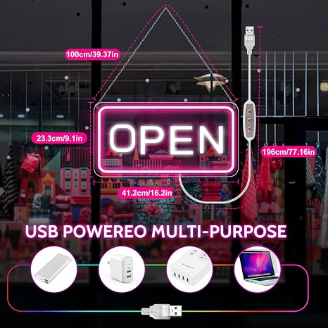 OPEN COB LED shop signs – Pink + White Glow | 22.8 × 11.8 inch (58 × 30 cm) | Horizontal / Vertical Style | 12V Powered Dimmable Window Hanging Light with US Plug for Cafes, Restaurants &amp; Retail Shops
