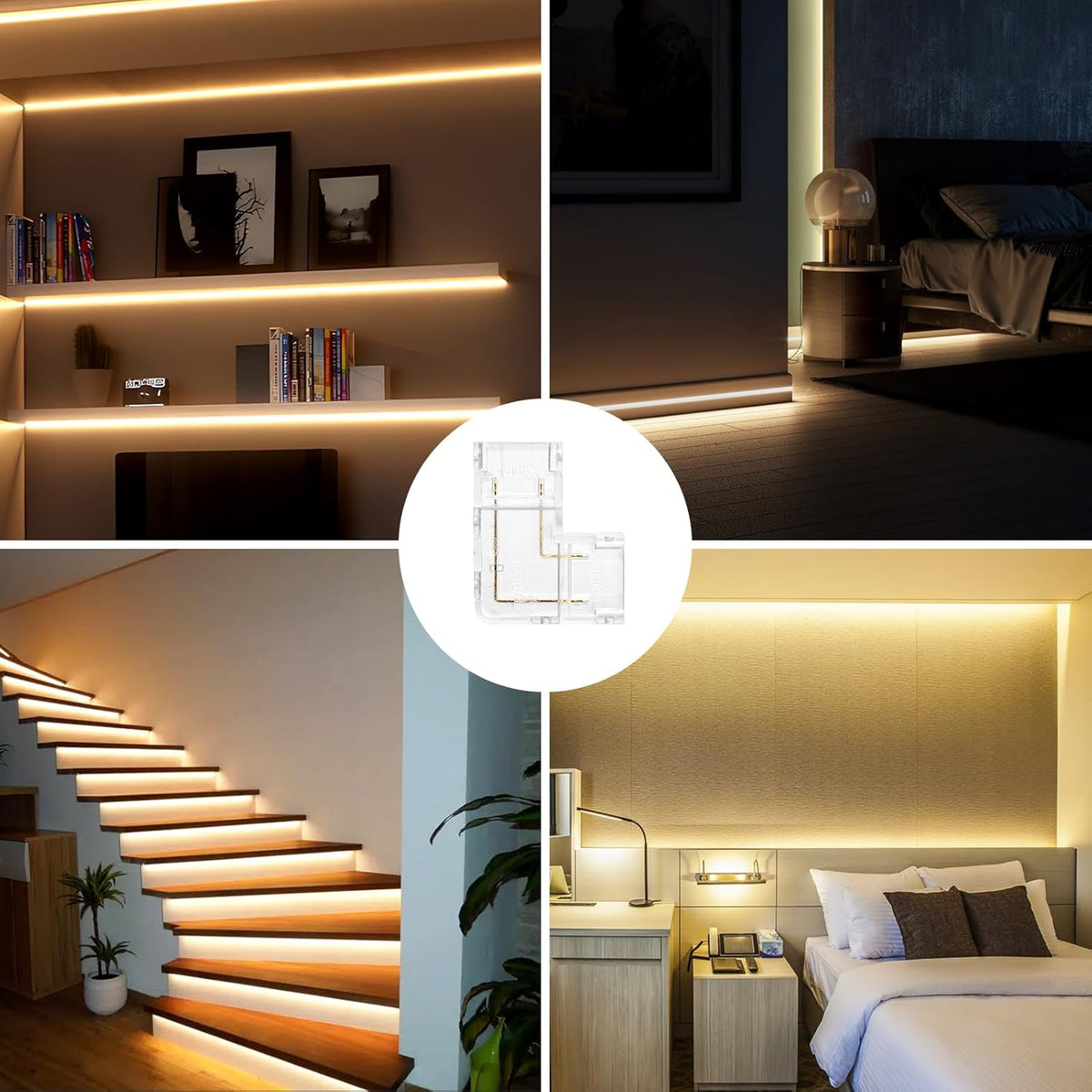 LightingWill LED Connectors 2Pin 8mm, 10 PCS L Shape Connector Transparent Solderless, Right Angle Corner Tape Light Connector, No Dark Area for COB/SMD 2835 3528 Single Color LED Strips