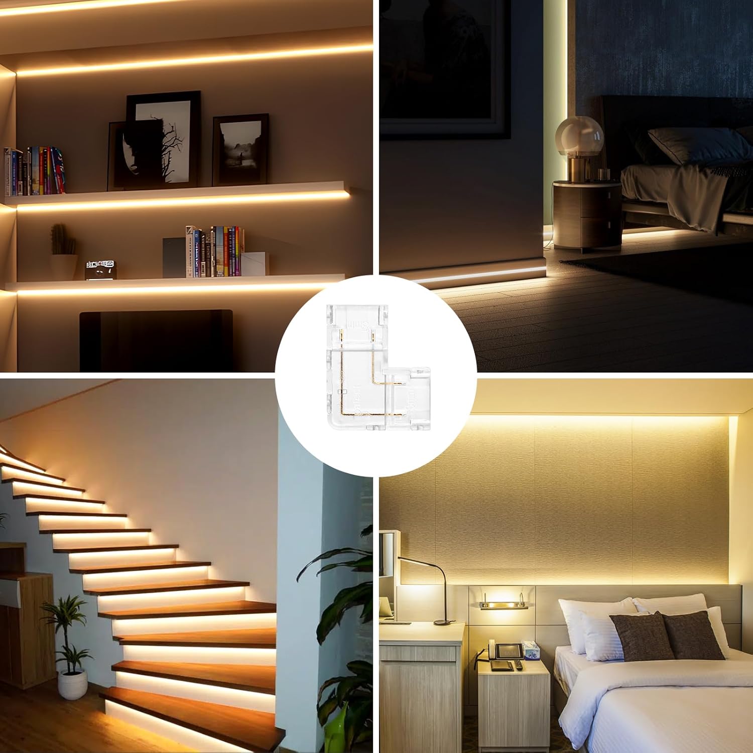 LightingWill LED Connectors 2Pin 8mm, 10 PCS L Shape Connector Transparent Solderless, Right Angle Corner Tape Light Connector, No Dark Area for COB/SMD 2835 3528 Single Color LED Strips