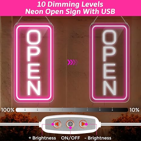 OPEN COB LED shop signs – Pink + White Glow | 22.8 × 11.8 inch (58 × 30 cm) | Horizontal / Vertical Style | 12V Powered Dimmable Window Hanging Light with US Plug for Cafes, Restaurants &amp; Retail Shops