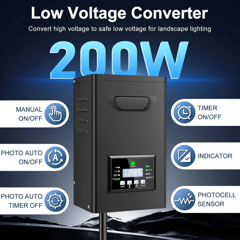 Low Voltage Landscape Lighting Transformer 200W / 250W – Outdoor Weatherproof 120V AC to 12V/15V AC Power Supply with Timer and Photocell for Garden, Yard and Pathway Lights