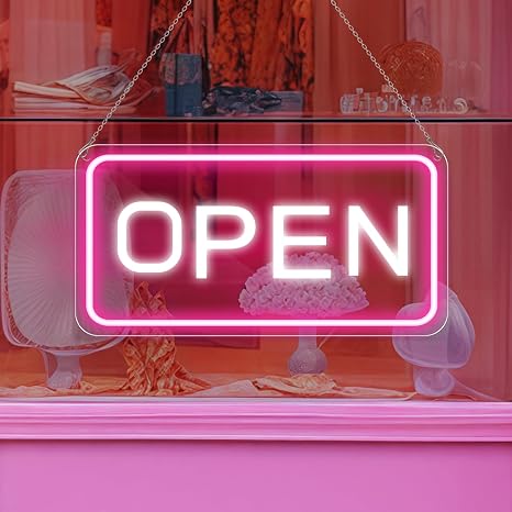 OPEN COB LED shop signs – Pink + White Glow | 22.8 × 11.8 inch (58 × 30 cm) | Horizontal / Vertical Style | 12V Powered Dimmable Window Hanging Light with US Plug for Cafes, Restaurants &amp; Retail Shops