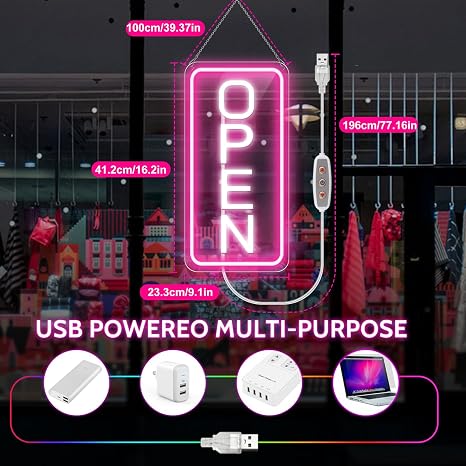 OPEN COB LED shop signs – Pink + White Glow | 22.8 × 11.8 inch (58 × 30 cm) | Horizontal / Vertical Style | 12V Powered Dimmable Window Hanging Light with US Plug for Cafes, Restaurants &amp; Retail Shops