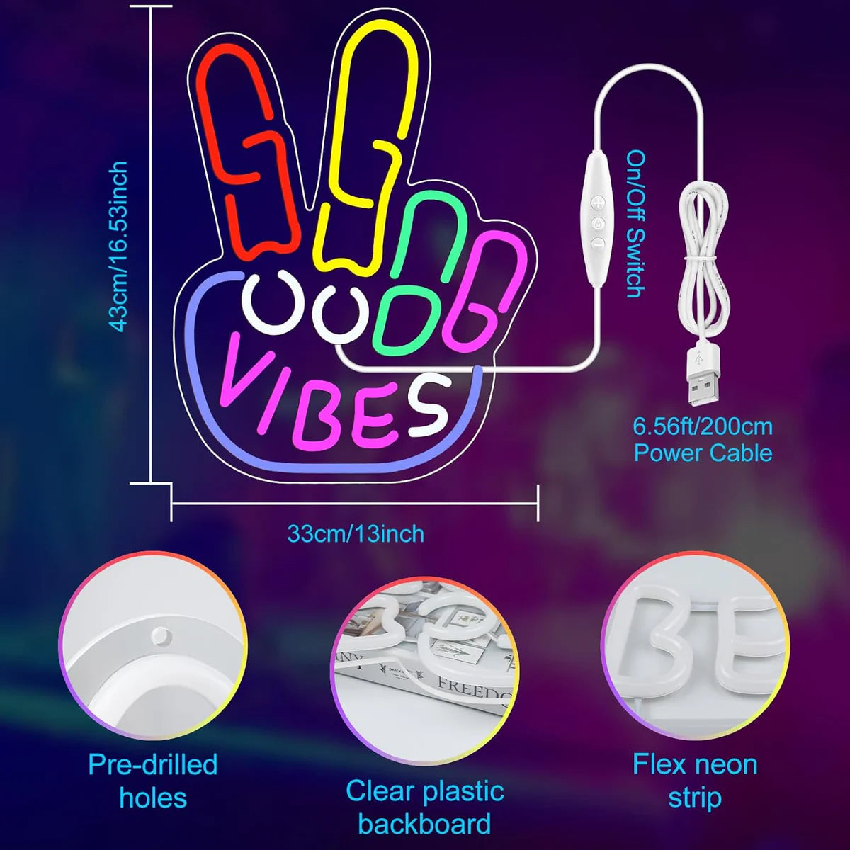 Good Vibes LED Sign – Peace Hand Sign | USB Neon Light for Wall Decor | 17×13 inch | Hanging | Ideal for Bedroom, Dorm, Lounge, Party Mood Lighting