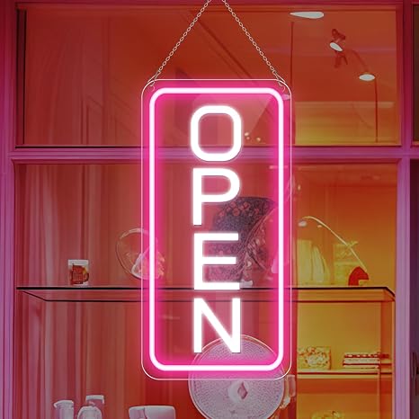 OPEN COB LED shop signs – Pink + White Glow | 22.8 × 11.8 inch (58 × 30 cm) | Horizontal / Vertical Style | 12V Powered Dimmable Window Hanging Light with US Plug for Cafes, Restaurants &amp; Retail Shops