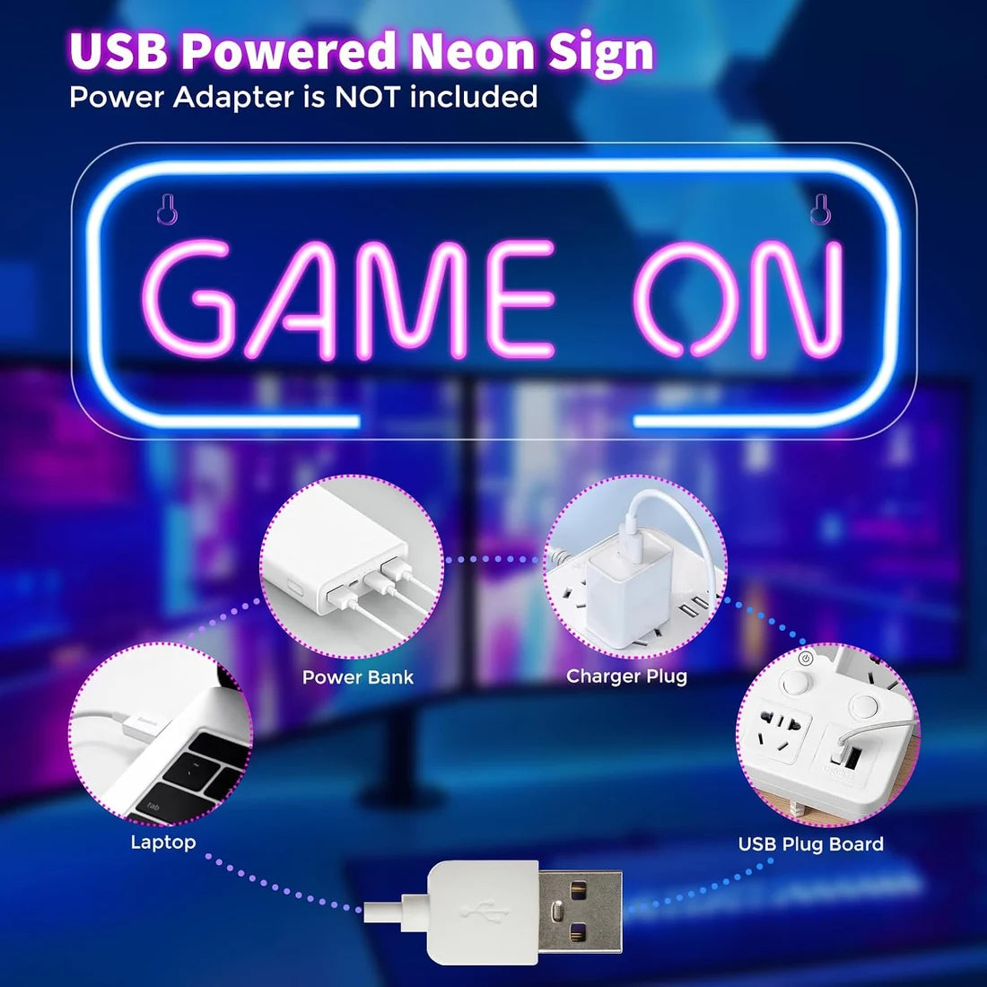 LED Neon Signs – GAME ON Silicone Neon Sign – 15.7×5.6 Inch | 5V USB Powered Dimmable Blue & Pink Glow LED Wall Light | Neon Lamp with Accessories Included | Hanging Gaming Decor for Gaming Room, Bedroom, Setup & Party Spaces