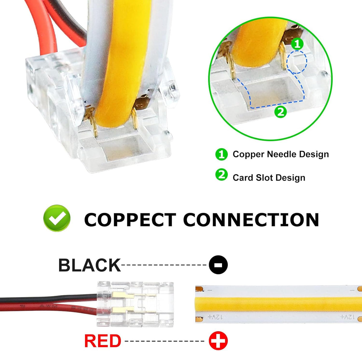 LightingWill LED Connectors 2Pin 8mm, 10 PCS Strip to Wire Connector Transparent Solderless, LED Tape Light Connector 2 Conductor No Dark Area for COB/SMD 2835 3528 Single Color LED Strips