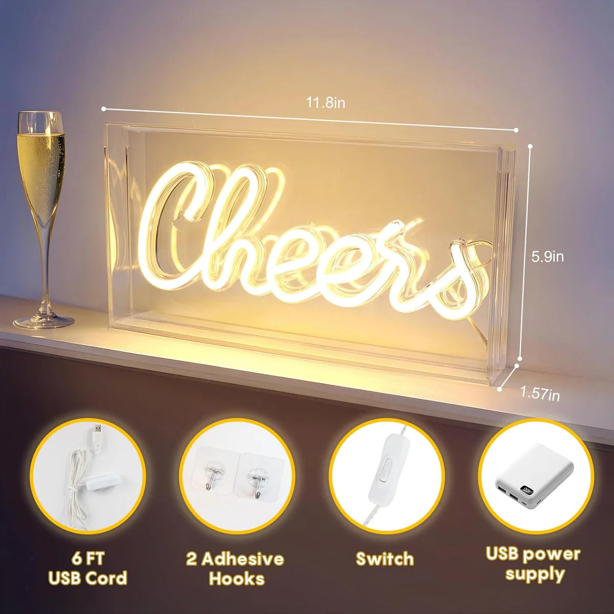 CHERRS Desk Lightbox Sign – Warm White/ Pink | Rectangular 12x6 inch | USB Powered | Tabletop Display | For Girls' Room, Bedroom, Pub, Hotel, Beach, Cocktail Bar, Christmas Gift