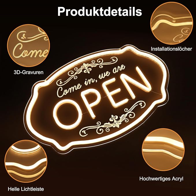 WE ARE OPEN COME IN LED Silicone LED shop signs – 16.5×10 Inch (42×25 cm) | 5V USB Powered Warm White Dimmable Light with Horizontal & Vertical Style for Cafes, Restaurants & Retail Shops