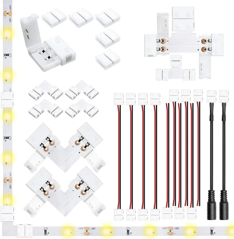 LightingWill LED Strip Connector 8mm 2Pin Solderless Clips, LED Light Strip Connector Strip to Wire Strip to Strip DC Adapter L T Connectors, Local Stock US UK