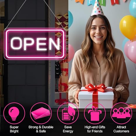 OPEN COB LED shop signs – Pink + White Glow | 22.8 × 11.8 inch (58 × 30 cm) | Horizontal / Vertical Style | 12V Powered Dimmable Window Hanging Light with US Plug for Cafes, Restaurants &amp; Retail Shops