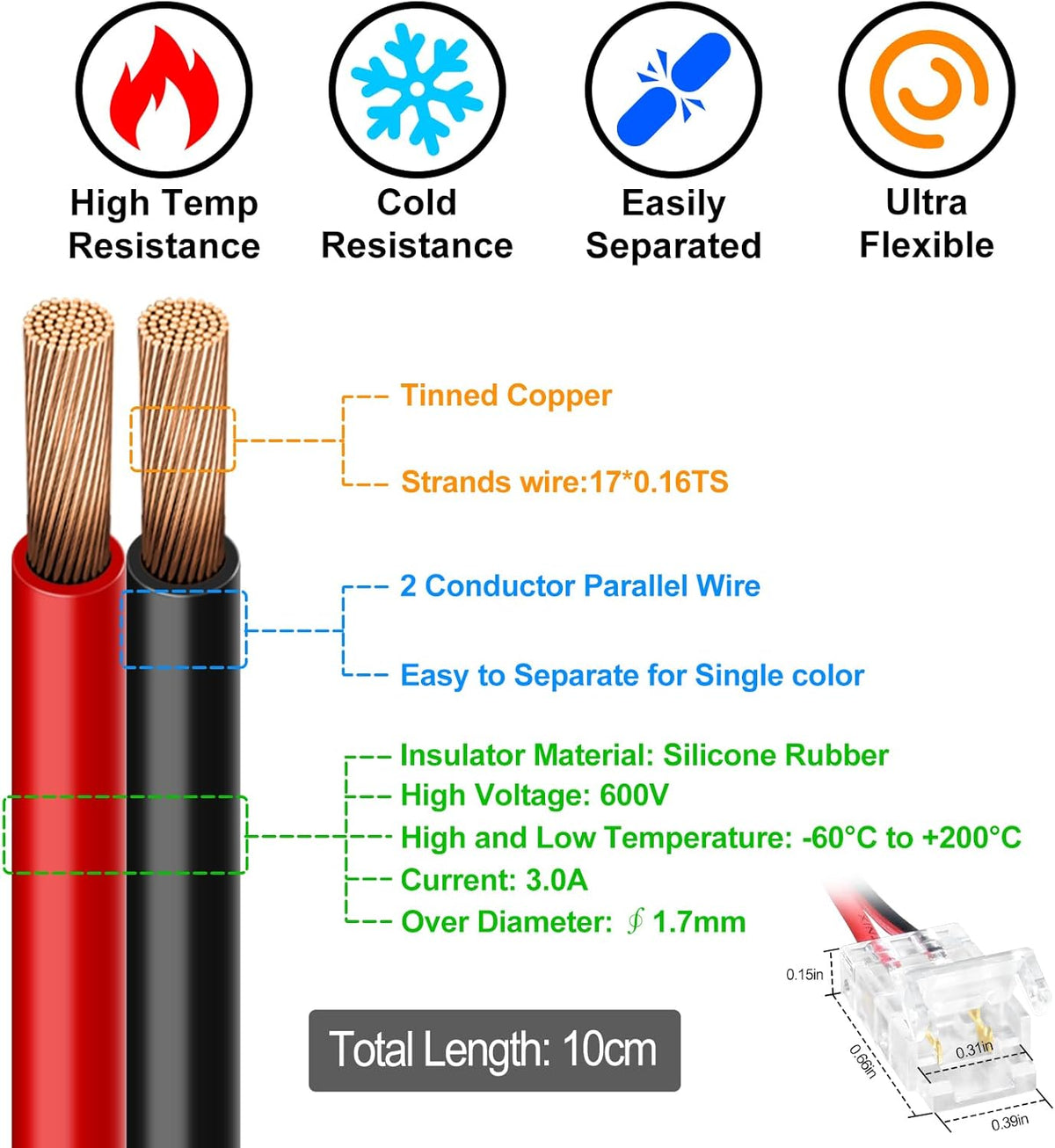 LightingWill LED Strip Connectors 2Pin 8mm, 10 PCS LED Connectors Solderless Pigtail for Single Color LED Light Strips, Compatible with COB/SMD 2835 3528