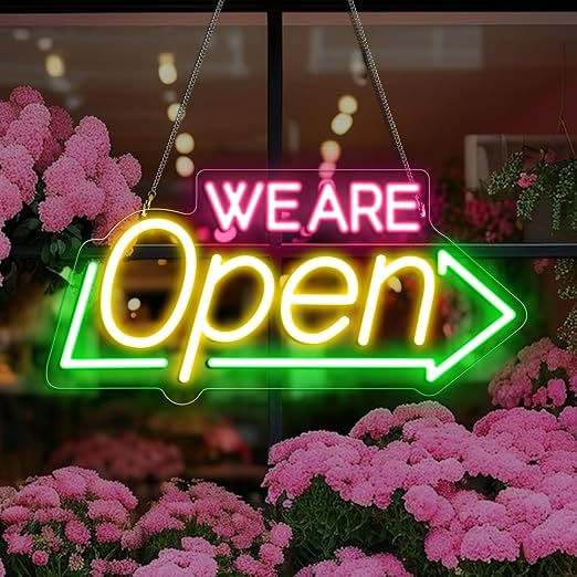 WE ARE OPEN Silicone LED shop signs – USB Powered | 16.1×7.8 inch | Arrow Shape LED Window Sign |  Yellow + Red + Green Glow for Cafes, Restaurants & Retail Shops