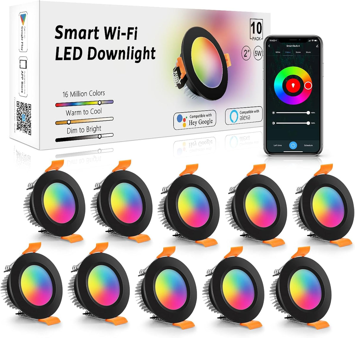 LightingWill 2 Inch LED Recessed Lighting, Smart WiFi LED Downlight, 5W LED Ceiling Light Compatible with Alexa/Google Assistant, Dimmable RGB & 2700K-6500K, 120V with LED Driver, Black Trim (10 Pack)