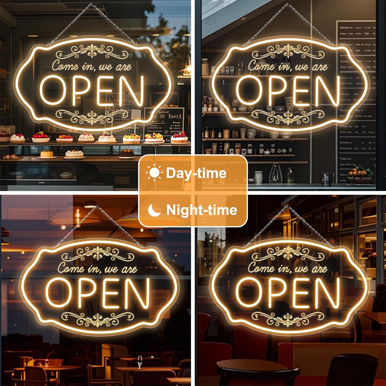 WE ARE OPEN COME IN LED Silicone LED shop signs – 23.5×14 Inch & 16.5×10 Inch | 5V USB Powered Dimmable Light with Engraved Back Design for Cafes, Restaurants & Retail Shops