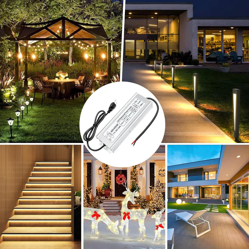 48V IP67 Waterproof LED Driver – 100W–400W Constant Voltage Power Supply, 90–140V AC Input, Single Output, CE/RoHS/FCC Certified, US Plug & Wire Lead Options