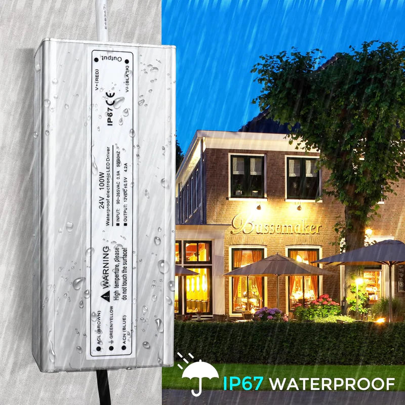 24V Waterproof LED Power Supply – 30W–300W Outdoor LED Driver, 90–265V AC Input, Single or Dual Wire Output, CE/RoHS/FCC Certified, US/UK/EU Plug & Wire Lead Options