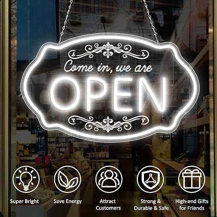 WE ARE OPEN COME IN LED Silicone LED shop signs – 23.5×14 Inch & 16.5×10 Inch | 5V USB Powered Dimmable Light with Engraved Back Design for Cafes, Restaurants & Retail Shops