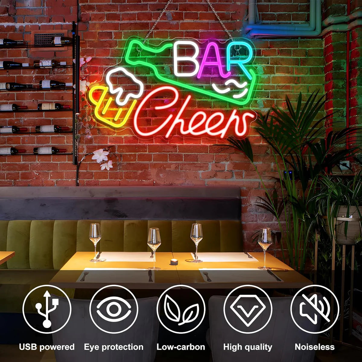 Bar Cheers LED Sign – Multi-Color Glow | 16.1× 9.8 inch | USB Powered | Hanging | Ideal for Bar, Pub, Lounge, Nightclub, Party Mood Lighting
