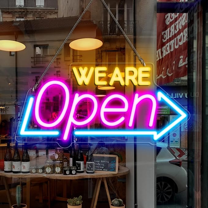 WE ARE OPEN Silicone LED shop signs – USB Powered | 16.1×7.8 inch | Arrow Shape LED Window Sign |  Yellow + Red + Green Glow for Cafes, Restaurants & Retail Shops