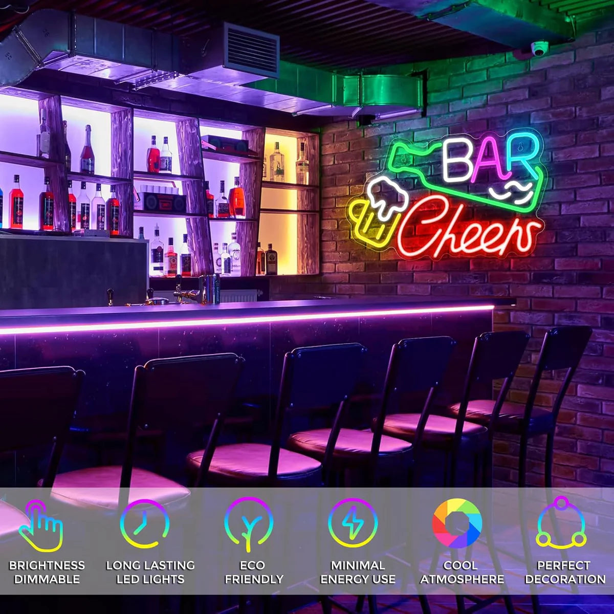 Bar Cheers LED Sign – Multi-Color Glow | 16.1× 9.8 inch | USB Powered | Hanging | Ideal for Bar, Pub, Lounge, Nightclub, Party Mood Lighting