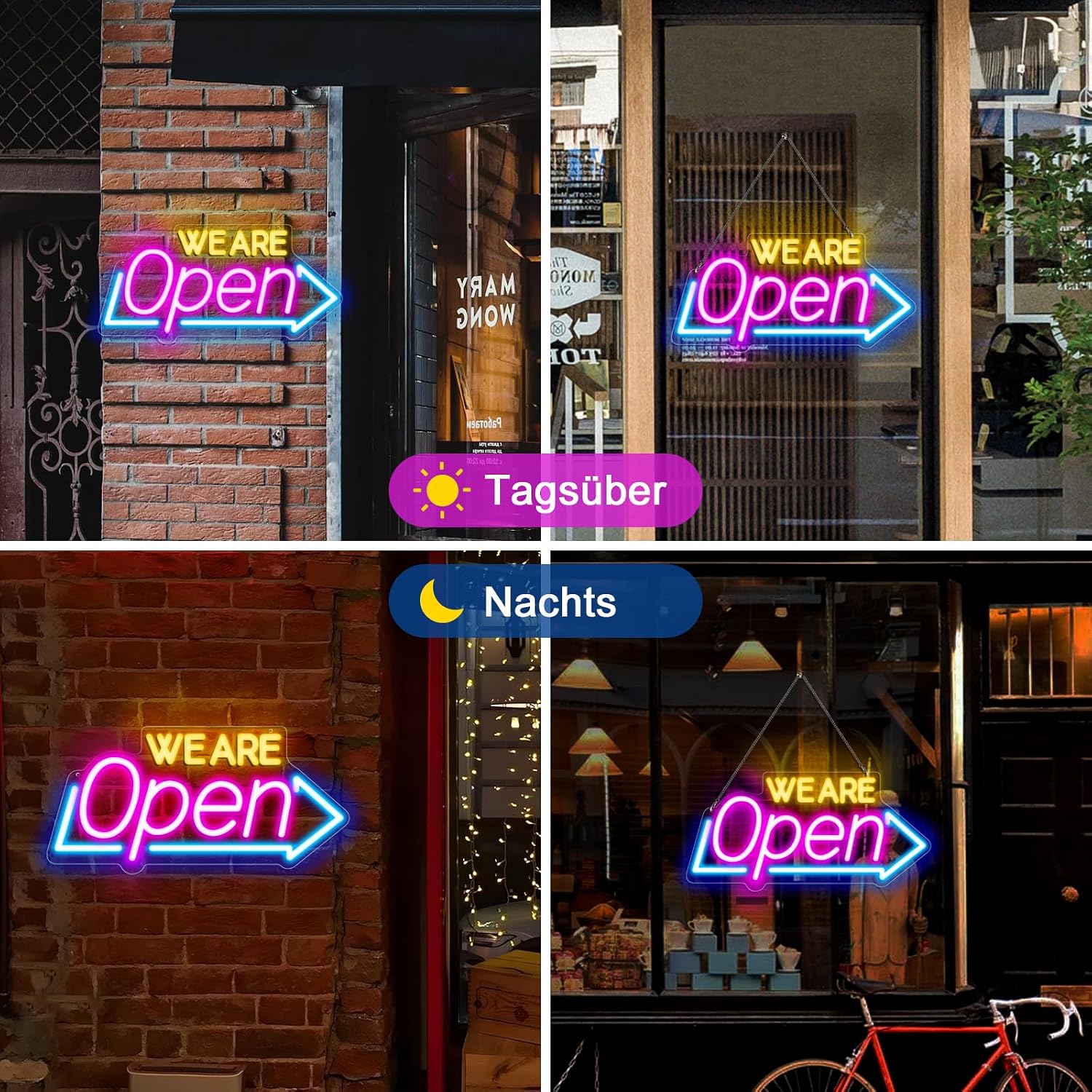WE ARE OPEN Silicone LED shop signs – USB Powered | 16.1×7.8 inch | Arrow Shape LED Window Sign |  Yellow + Red + Green Glow for Cafes, Restaurants & Retail Shops