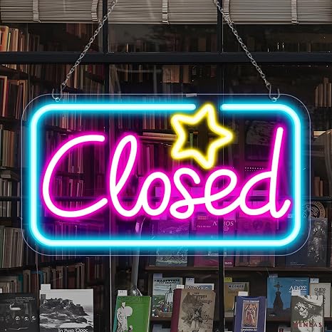 Closed Silicone LED shop signs – Ice Blue & Pink Glow + Yellow Star | 16.5 × 9 inch | Window Hanging | Plug & Play for Store Entrances, Retail Shops & Business Locations