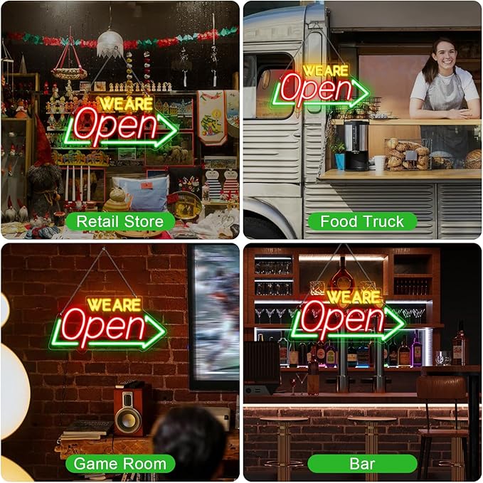 Bright Open Signs for Business, 16.1"X 7.8" Dimmable Open Sign Powered by USB, Red&Green&Yellow Christmas Neon LED Sign, We Are Open Sign for Door Windows