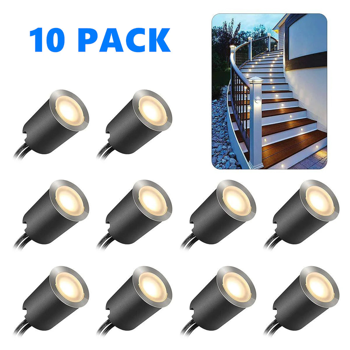 10/16-Pack Recessed LED Deck Lights – 0.6W Each | Warm White / Natural White | AC100–265V Input with Power Adapter | US / EU / UK / AU Plug Options | IP67 Waterproof Inground Step Lights Kit for Deck, Garden, Yard, Stairs & Pathway Lighting