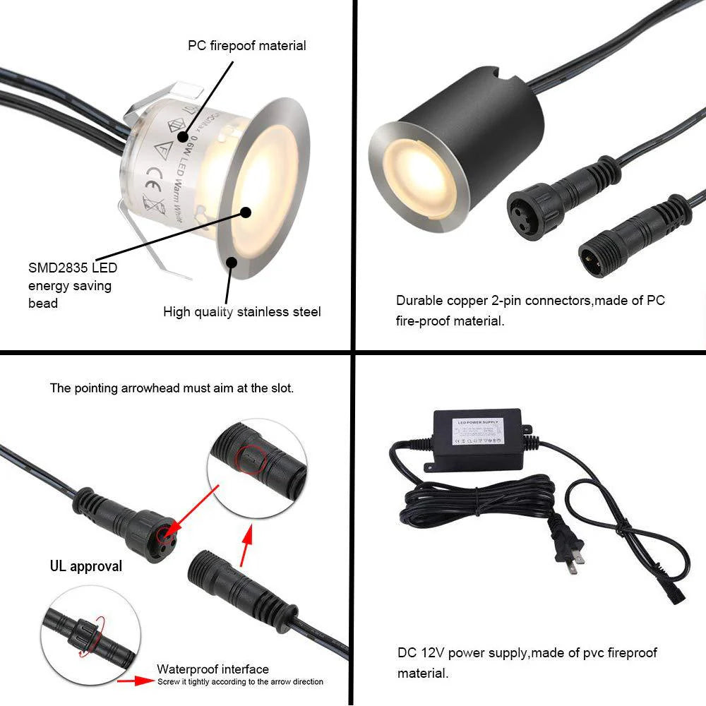 10/16-Pack Recessed LED Deck Lights – 0.6W Each | Warm White / Natural White | AC100–265V Input with Power Adapter | US / EU / UK / AU Plug Options | IP67 Waterproof Inground Step Lights Kit for Deck, Garden, Yard, Stairs & Pathway Lighting
