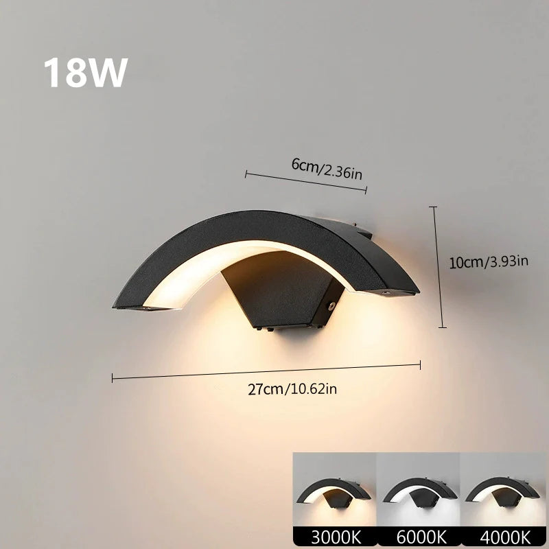 LightingWill LED Wall Light 18W Outdoor Waterproof Wall Sconce 3000K 4000K 6000K Black Arc Wave Up Down Wall Light IP65 Aluminum Porch Garden Balcony Indoor 2 Pack