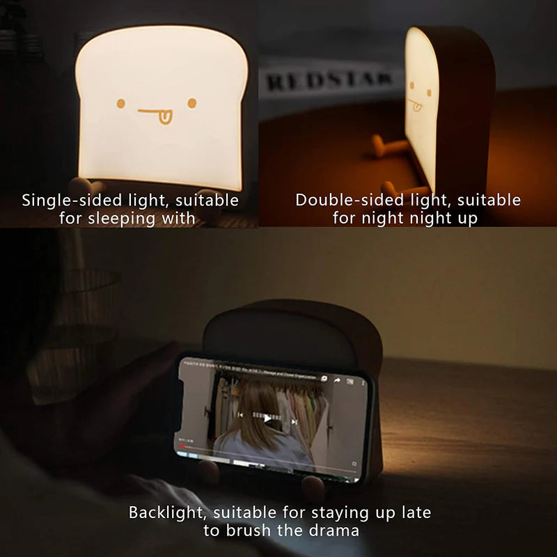 LightingWill Toast Bread LED Night Light Rechargeable Bedside Nursery Lamp with Phone Stand Cute Sleep Light for Kids Bedroom Decor
