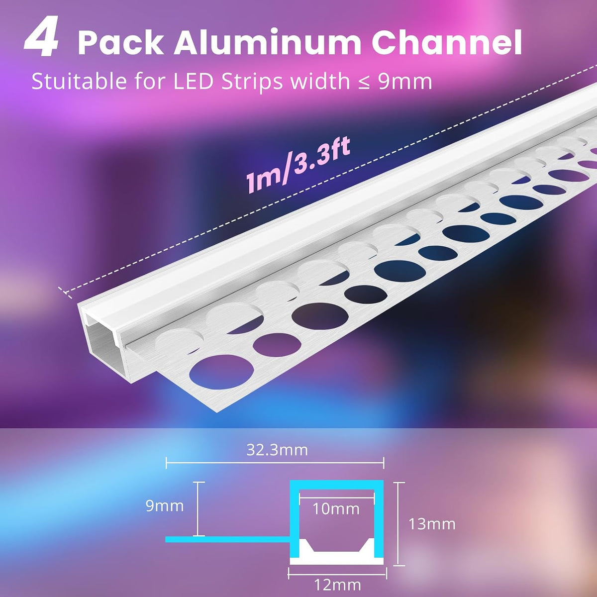 Silver TX-295 One-Sided LED Aluminum Channel for Plaster-In Drywall, Fits LED Strips Up to 9mm Wide, with Milky White Diffuser