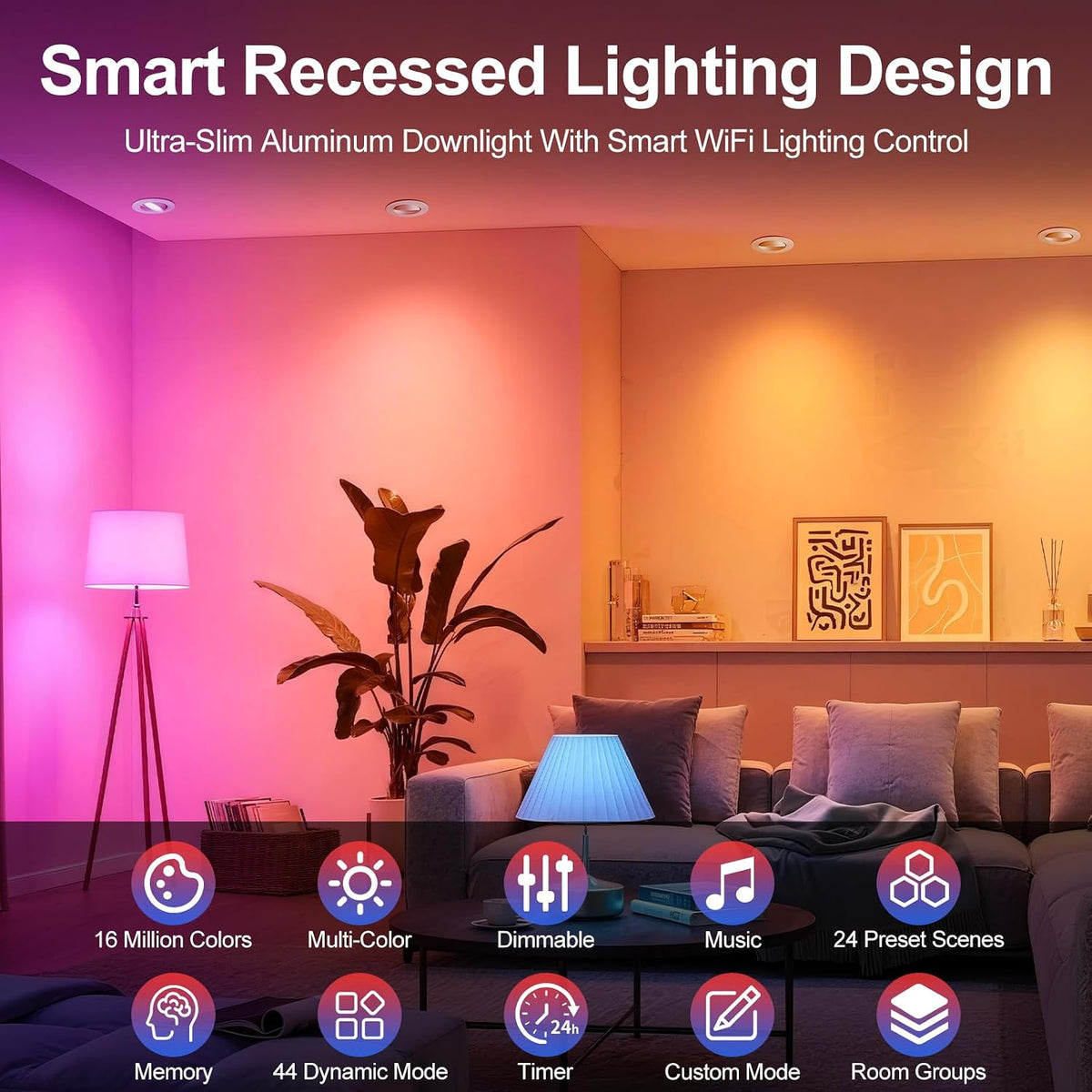 3Inch 5W Smart LED Recessed Downlight, Ultra-Thin 60° Adjustable, WiFi Control, Dimmable RGB & CCT 2700-6500K, 85–240V, White Housing, Compatible with Alexa and Google Home, 4-Pack, Artwork Display Accent Lighting